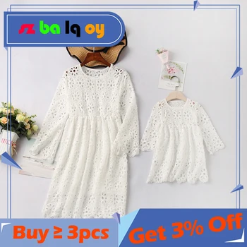 

The Girl, 2020 summer sexy lace Round neck 3/4 sleeve Lotus leaf dress Parent-child outfit Mother and daughter style Solid dress