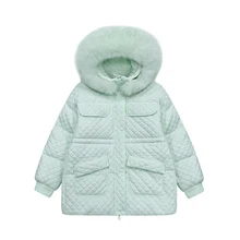 

2022new New Winter Women Large Natural Fur Collar Hooded Down Coat White Duck Down Jacket Solid Argyle Casual Parkas Overcoat