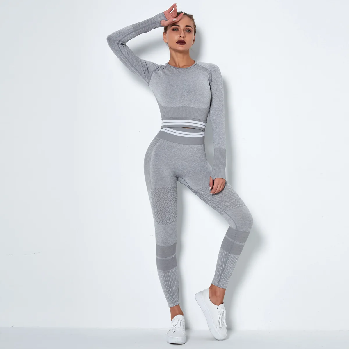 

Seamless Knitted Long Sleeve Yoga Set Quick-drying Sports Suit Striped Fitness Pants Workout Clothes for Women Gym Clothing