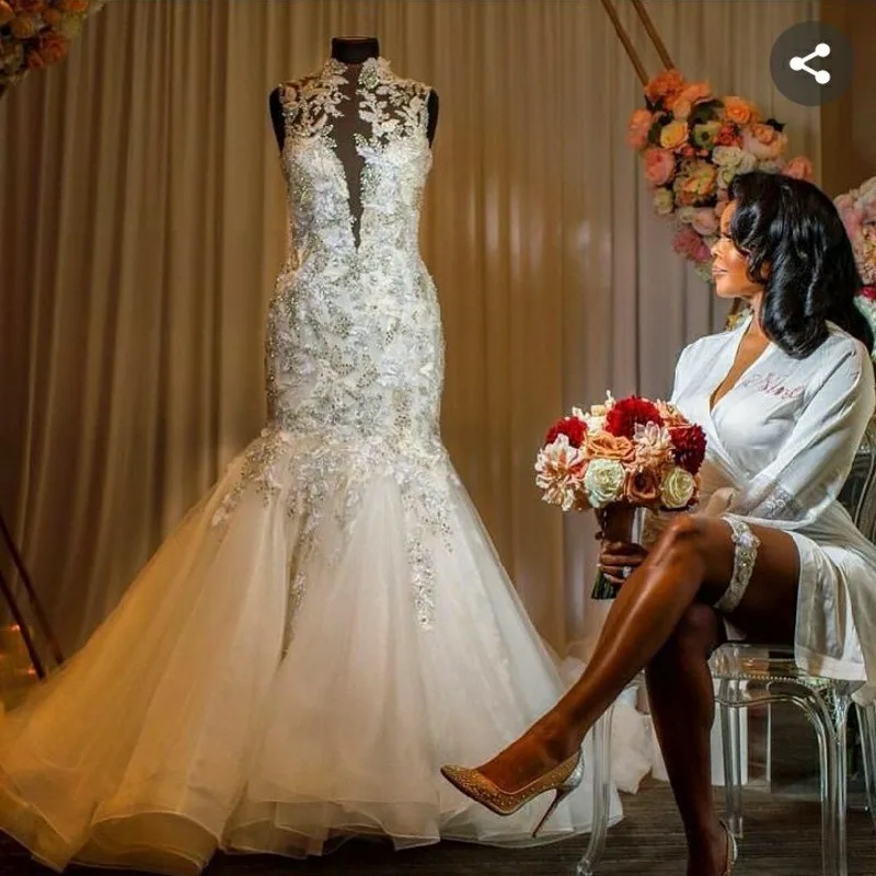 

Gorgeous Lace Mermaid Wedding Dresses High Neck Lace Appliques Beads Bridal Gowns Sweep Train Wedding Vestidos