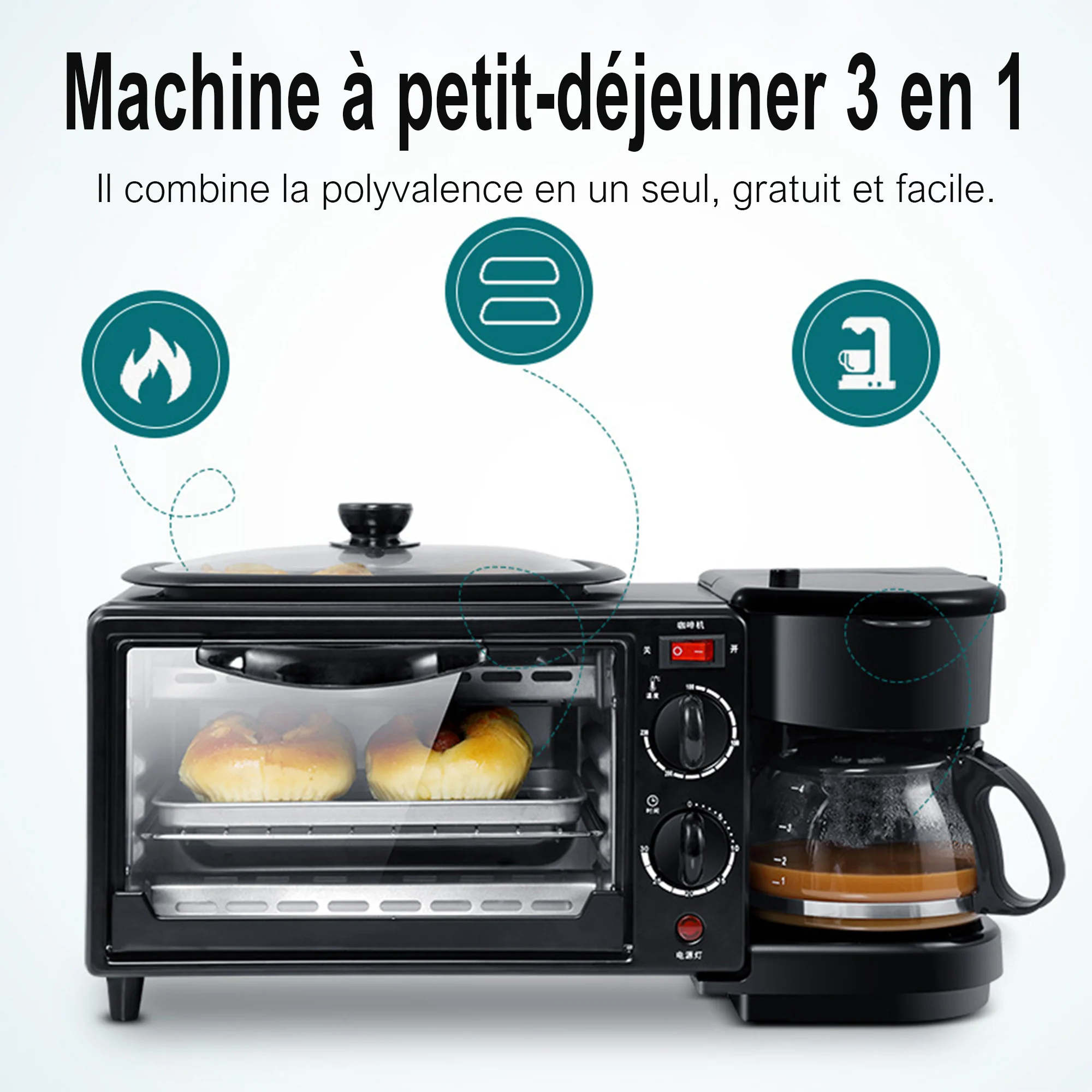 Sonifer – four électrique 3 en 1, Machine à café multifonction, pour faire du petit déjeuner, pour faire du pain, Pizza, poêle, grille pain