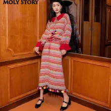 Красочный симпатичный помпон, свитер с помпонами, воротник Питер Пэн, укороченный свитер и вязаные юбки, комплекты из двух предметов, свитер с кисточками, юбка в стиле бохо