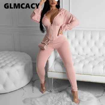 

4 Colors Women Two Piece Causal Tracksuit Zip Up Short Hoodies and Skinny Long Pants Set Solid Chic Suits Streetwear