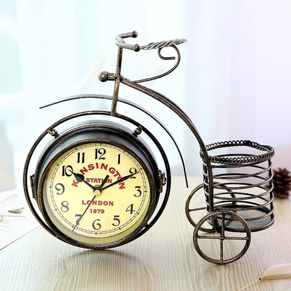 Home Decoration Table Clock European Iron Desk Clock Stand Retro Vintage  Silent Bike Bicycle Clock Office Living Room Ornament