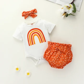 

Bodysuits Short Sleeve Cute Rainbow Jumpsuit+Dot Bow Shorts+Headband Summer Clothing 3pcs Newborn Baby Girls Sets