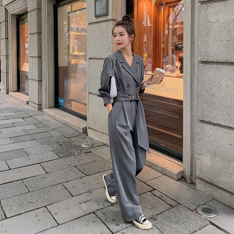 Moda donna elegante tuta grigia tuta primavera autunno manica lunga sciolto  gamba larga pantaloni monopezzo set tute pagliaccetti 2059 - AliExpress