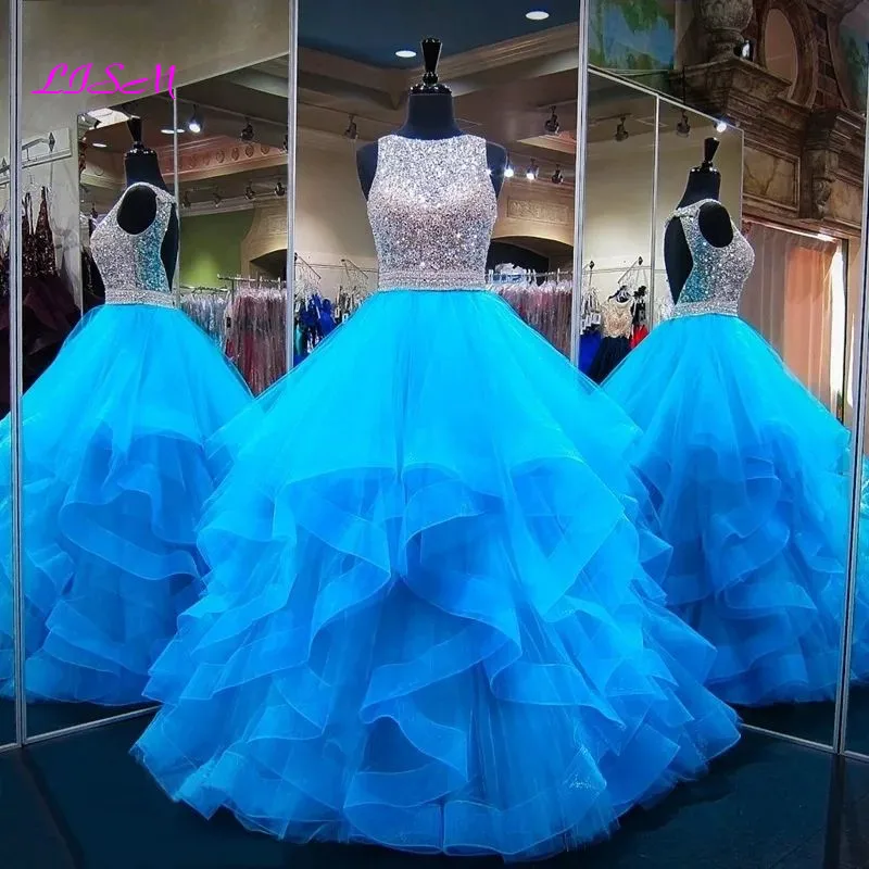 Vestidos de 15 anos Crystals Ball Gown Quinceanera Dresses Organza Red Prom Party Gowns Ruffled Sequins Beaded Sweet 16 Dress
