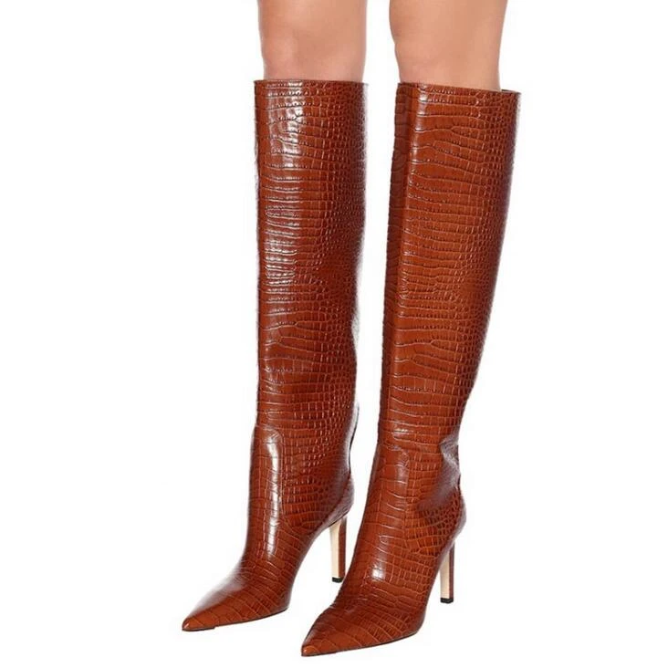 Brown croc knee high boots Outlet