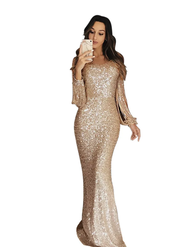 Sexy Tassel Long Sleeve Bodycon Maxi Party Dress Women 2019 Autumn Shining Long Elegant Dresses Woman Party Night Robe Femme Sexy Tassel Long Sleeve Bodycon Maxi Party Dress Women 2019 Autumn Shining Long Elegant Dresses Woman Party Night Robe Femme