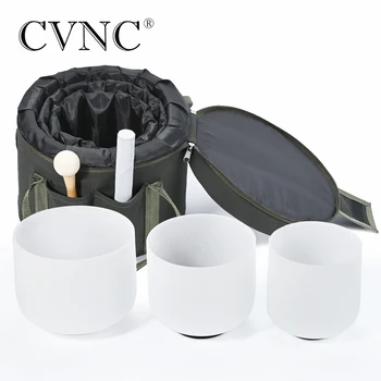

CVNC 440Hz or 432Hz 6" 8"10" Frosted Quartz Crystal Singing Bowl chakra set 3 pcs with 1pc Liner Green Travel bag