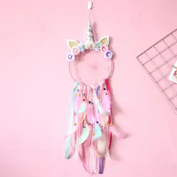 

Unicorn Dream Catcher Wall Hanging Art Gauze Flowers Creative Fantastic Hanging Pendant Pink Feather Decor for Bedroom Cars