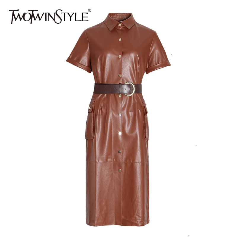 TWOTWINSTYLE платье из искусственной кожи для женщин, воротник с лацканами, короткий рукав, высокая талия, с поясом, женские платья, осень, модная новинка