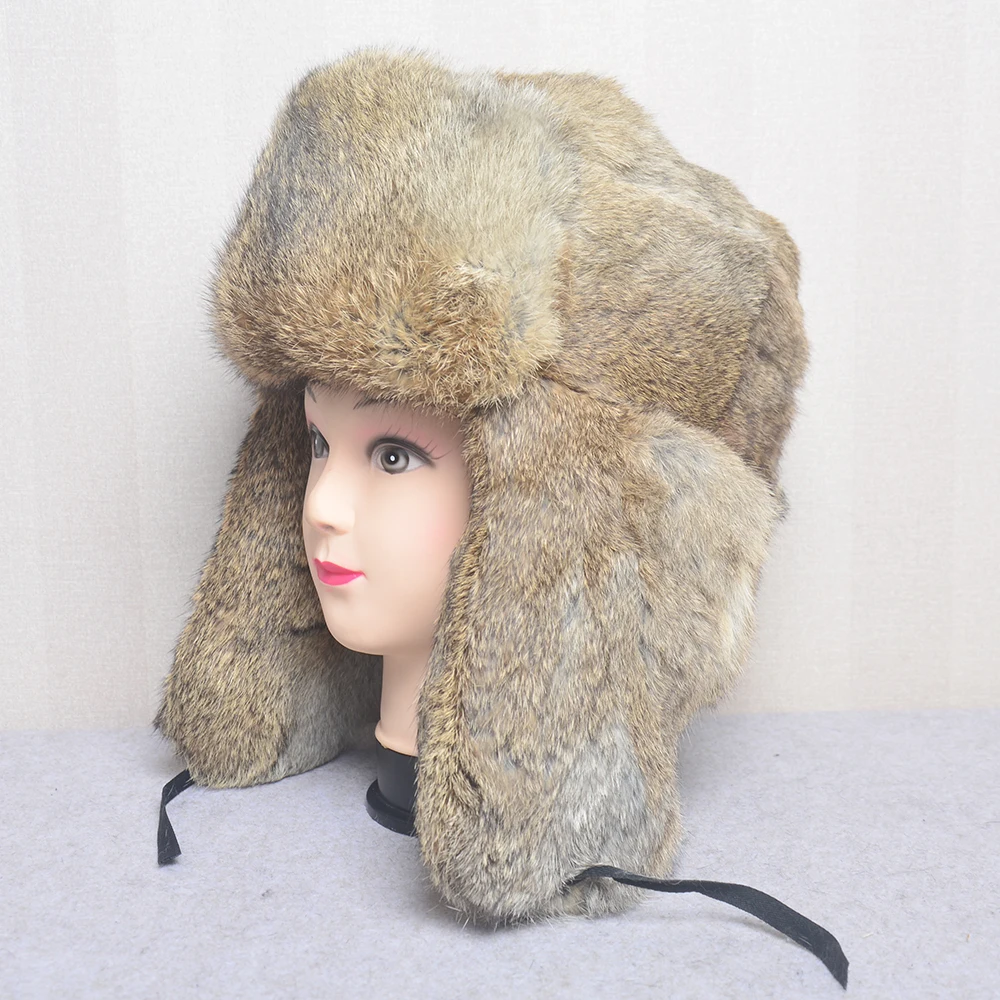 

Fashion Thick Warm Bomber Hat Men Real Rabbit Fur Earflap Trapper Russian Cap Male Plus Size Winter Hats for Men Ski Russian Hat