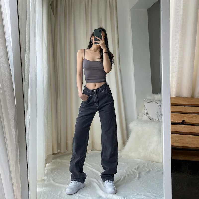 

Korean Style 2020 New Light Blue Washed Retro High Waist Straight Overalls Slim Long Loose Wide Leg Jeans Women Trousers