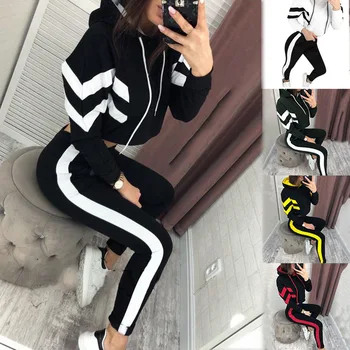 

Spring and Autumn Women's Hooded Sweatshirts Set Cauasl Patchwork Short Top and Long Pants Sets Female Trucksuits