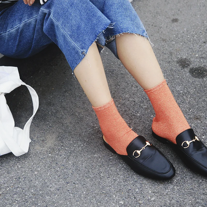 Pattkin South Korea Sequin Silver Gold Lines Bunching Socks Japanese-style-Style Fashion Socks Flashing Silver Onions Tube WOMEN