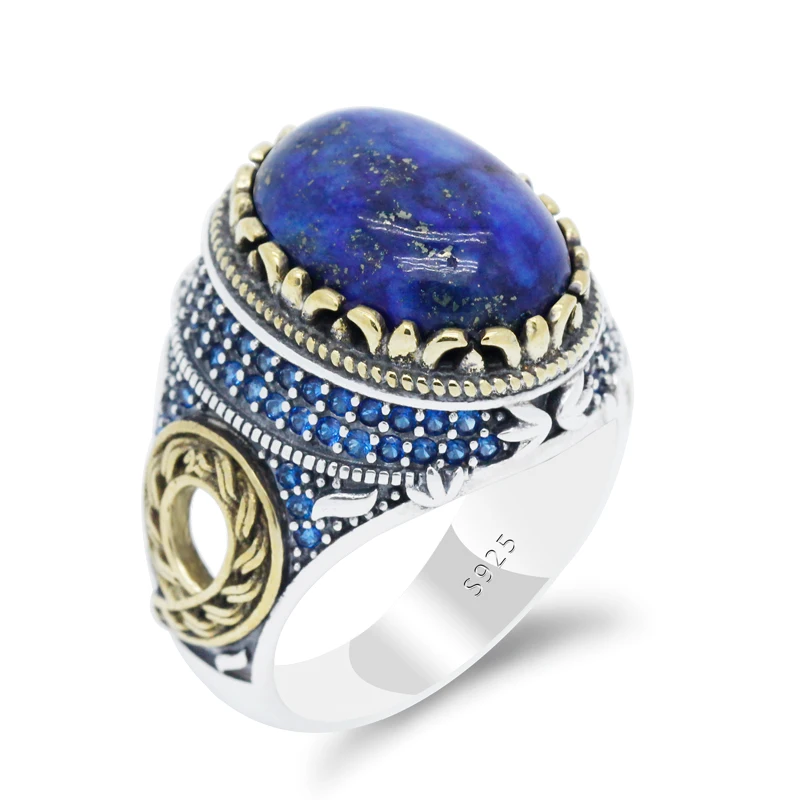 Овальное кольцо из натурального камня Lapis цельное 925 пробы Серебряное для мужчин
