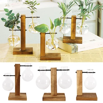 

Nordic Simple Hydroponic Plant Vases Vintage Flower Pot Transparent Vase Wooden Frame Glass Tabletop Plants Home Bonsai Decor