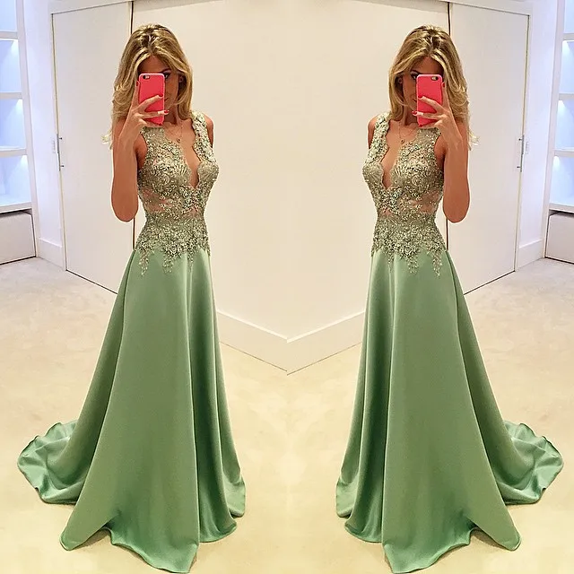 

2015 New Arrival Mint Green Floor Length Evening Dress Gold Lace Bodice V Neck Fashion Prom Evening Dress Vestido De Festa