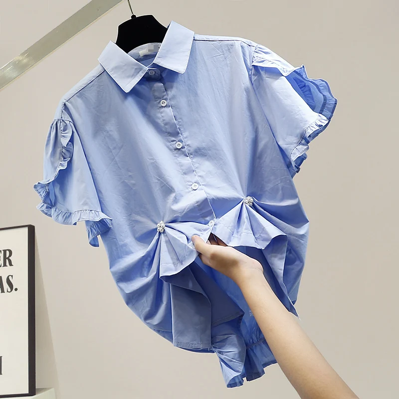 

Splicing Butterfly Folds Irregular Shirt Women 2020 New Blue Blouse Ladies Short Sleeve Shirts Blusas Mujer De Moda 2020