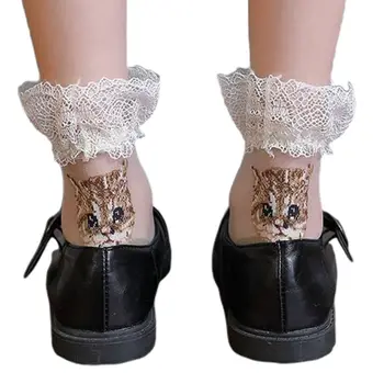 

Japanese Lolita Women Girls Ruffle Lace Frilly Mid Tube Socks Novelty Cartoon Cat Jacquard Crystal Fiber Casual Hosiery