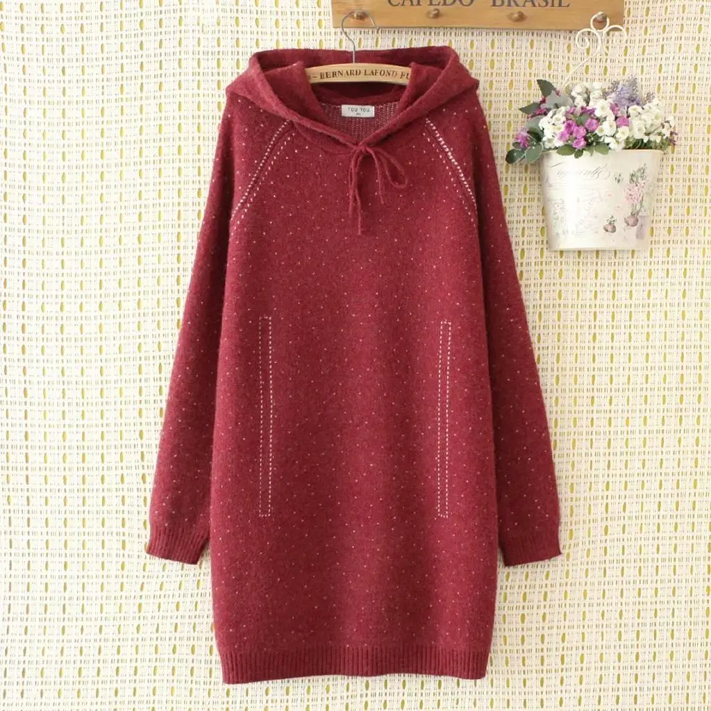 Plus Size Women's Long Sweaters Hooded Knitted Outwear Oversized Casual Tops womens sweaters - Цвет: Красный