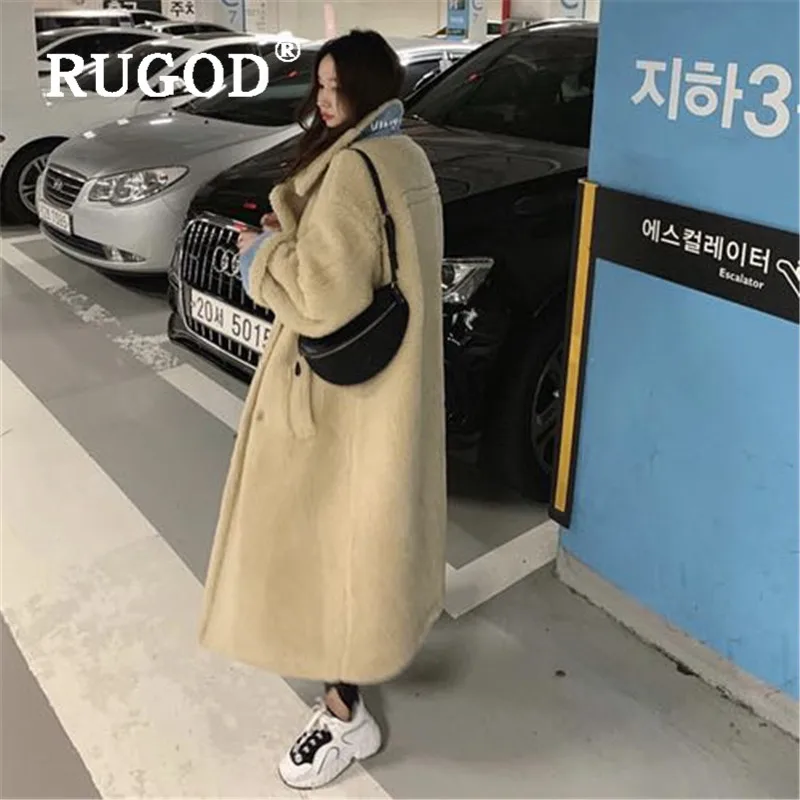 Пальто женское RUGOD, Модное Длинное толстое пальто из овечьей шерсти, женское элегантное двубортное длинное зимнее пальто с длинным рукавом, пышное зимнее пальто большого размера