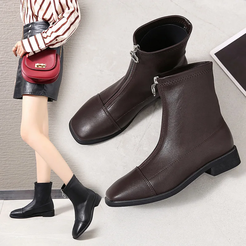 

Short Boots Women's 2019 Autumn And Winter New Style British-Style Square Head Chunky-Heel WOMEN'S Shoes Color Front Zipper Semi