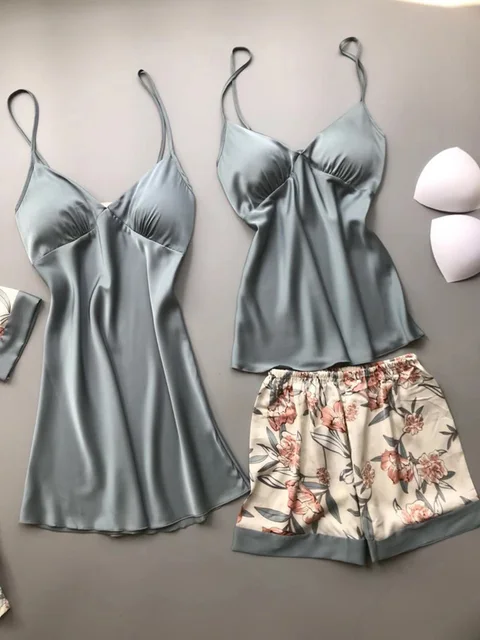 2020 Spring Autumn Women Silk Pajamas Sets With Chest Pads Flower Print Pijama Sleepwear 4 Pieces Spaghetti Strap Satin Pyjamas 4