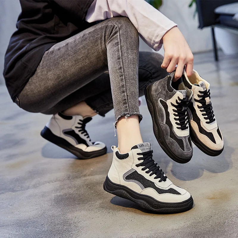 

Dad Shoe Woman Ins Tide 2019 Autumn Flat Bottom Leisure Time Ventilation Sneakers Genuine Leather High Help Woman Small White