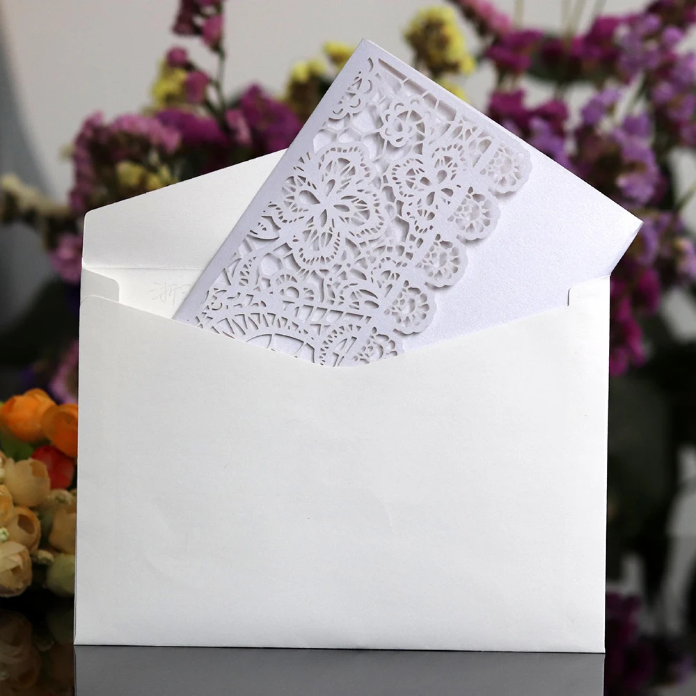  10 pieces Romantic Wedding Invitation Card Delicate Carved Small floral Pattern laser cut lace wedd - 4000400458962