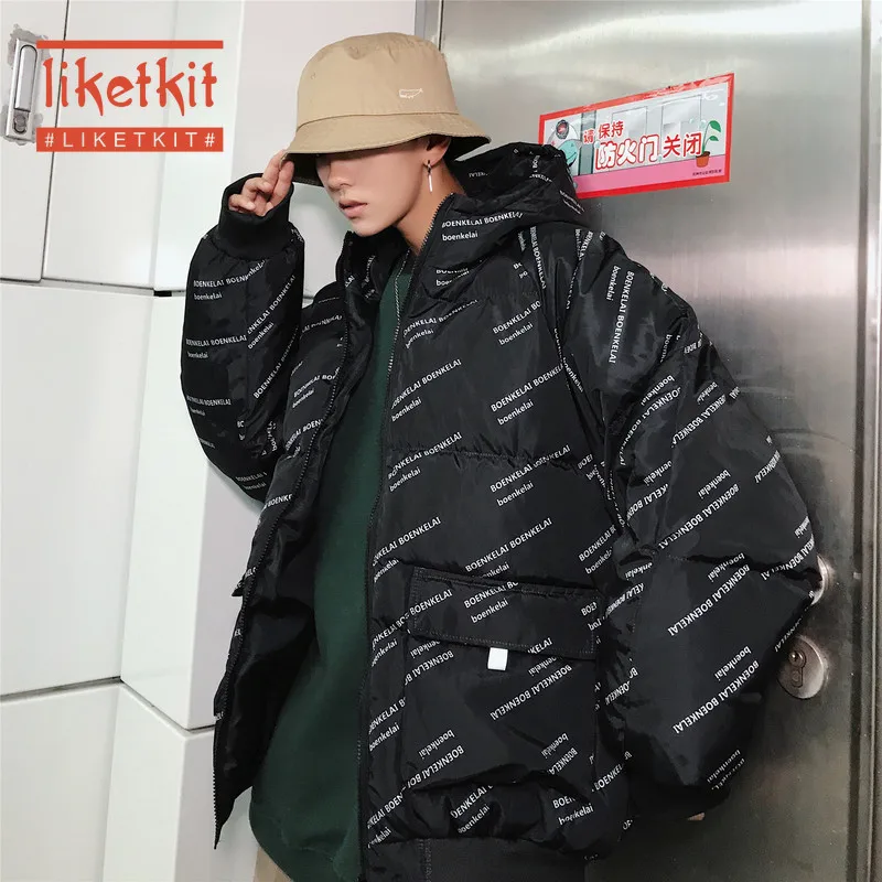 Liketkit мужские зимние парки 2019 Мужское пальто с буквенным принтом толстое
