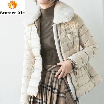

2020 New Winter Women Ultra Light 90% White Duck Down Parka Warm Large Real Rabbit's Hair Fur Down Jacket Sash Tie Up Coats