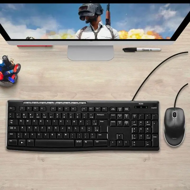 

LogitechUSB Wired Keyboard and Mouse Kit PC Gamer 3 Buttons 1200DPI Optical Waterproof Two-way Roller Gaming Mouse Combo