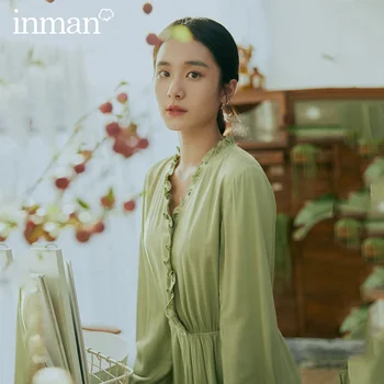 

INMAN 2020 Spring New Arrival Literary Stringy Selvedge V-neck Colar Nipped Waist Slim Pleated Long Sleeve Dress