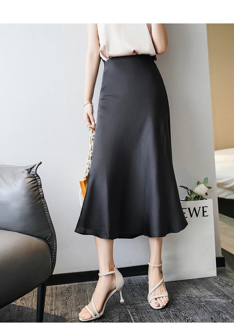 Summer Silk Midi Skirts Womens Korean England Style Satin Office Lady Simple Solid Elegant Faldas Mujer Moda Long Skirts Womens Summer Silk Midi Skirts Womens Korean England Style Satin Office Lady Simple Solid Elegant Faldas Mujer Moda Long Skirts Womens