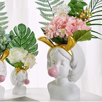 

Desktop Cute Girl Succulent Pot Planter Plant Container Pen with Rabbit Ears