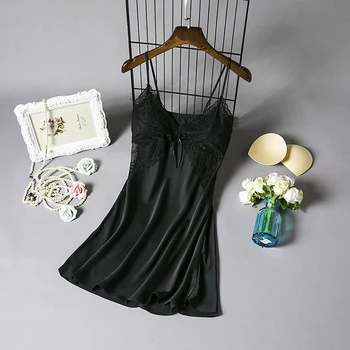 

2019 Women Sleep Lounge Sleepwear With Chest Padded Satin Sexy Ladies Nightgowns Silk Night Dress Elegant Lace Sleepshirts