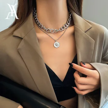 

Hip Hop Engraved Portrait Coin Pendant Cuban Choker Necklace Punk Multi Layered Link Chain Necklace for Women Punk Jewelry