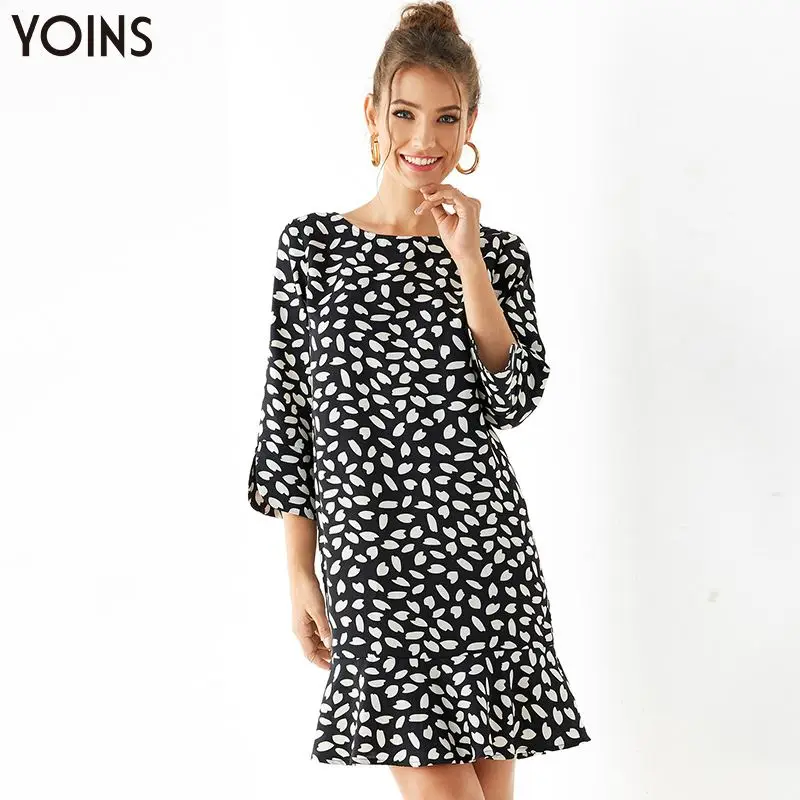 YOINS, осенне-зимнее женское леопардовое платье, черное, круглый ворот, 3/4 длина рукава, гофрированный подол, шифоновое мини платье, обычный отдых - Цвет: Черный