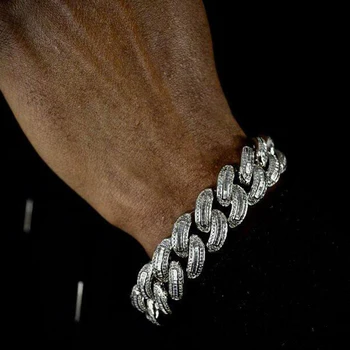 

High Quality Silver Color Iced Out 14MM CZ Miami Box Clasp Cuban Link Chain Bracelet 5A Zircon Hip Hop Fashion men Jewelry