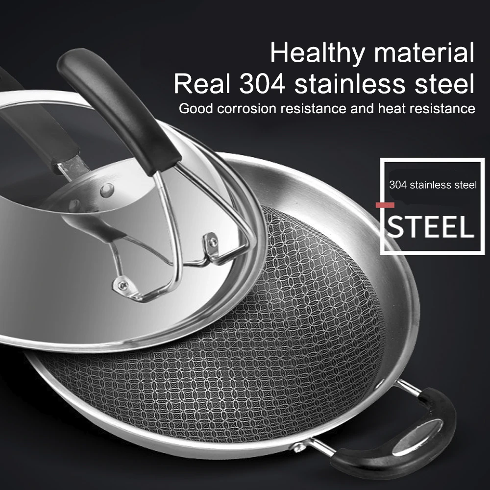 

Frying Pan Honeycomb Non-Stick Wok Non-Slip 34cm 304 Stainless Steel Spatula Pot Kitchen Pancake