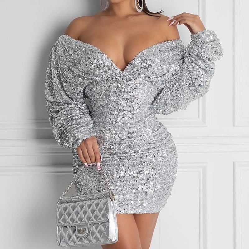 Glitter Off Shoulder Ruched Sequins 