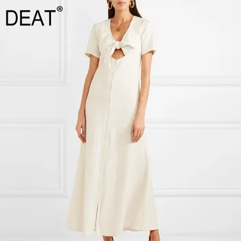 

DEAT 2020 new summer fashion women clothing bow collar hollow out cheast slim high waist pullover vacation dresses WL85600M