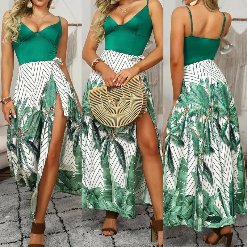 Mula Cabeza Preferencia 2019 verano moda mujer Floral largo cuello pico Sexy fiesta verano playa  verde vacaciones Sundress Casual|Vestidos| - AliExpress