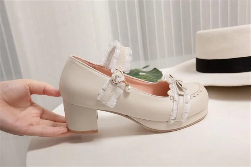 2020 Spring New Sweet Bow Women Pumps Lolita Shoes Fashion Lace Thick 5cm High Heel Buckle Strap Shoe Pumps Woman Big Size 30-46 (27)