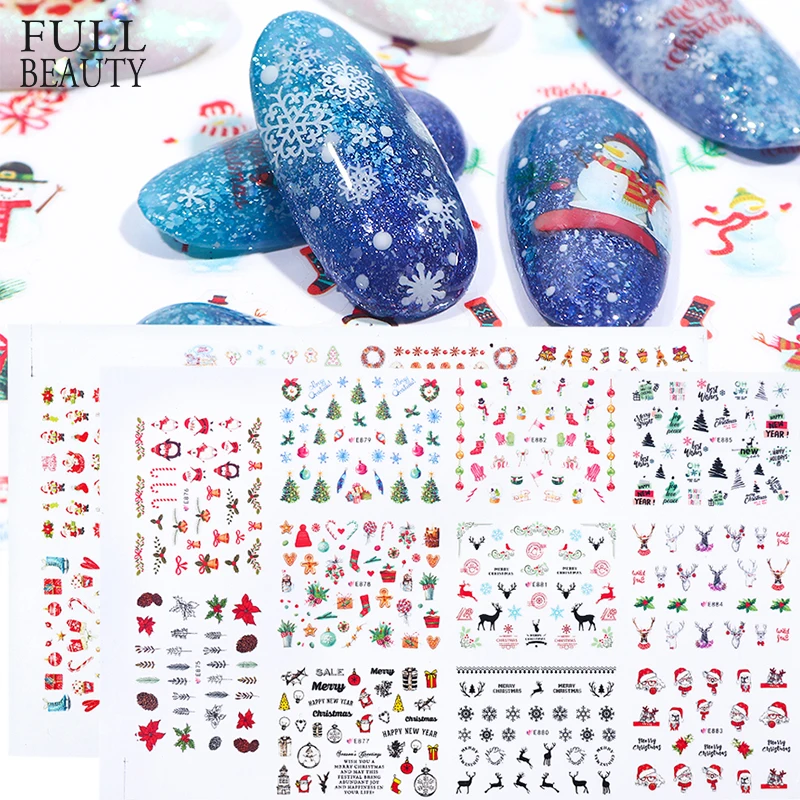 

3D Christmas Nail Art Decals Sticker Colorful Elk Snowflake Slider Wraps for DIY Decor Manicure Tattoo Winter Nails CHE875-896