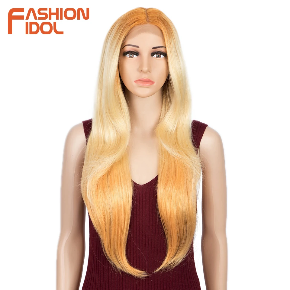 FASHION IDOL Straight Hair Synthetic Wig 13x4 Lace Front Wig Brown Color 28 Inch Heat Resistant Fiber Hair Wigs For Black Women