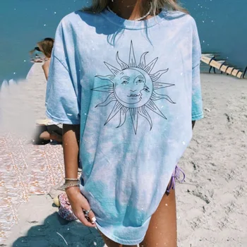 

Harajuku Short-Sleeved Summer Female T-Shirt Hip-Hop Tie-Dye Loose Tee Shirt Over Size Flower Sun Printed Casual Woman Tshirt