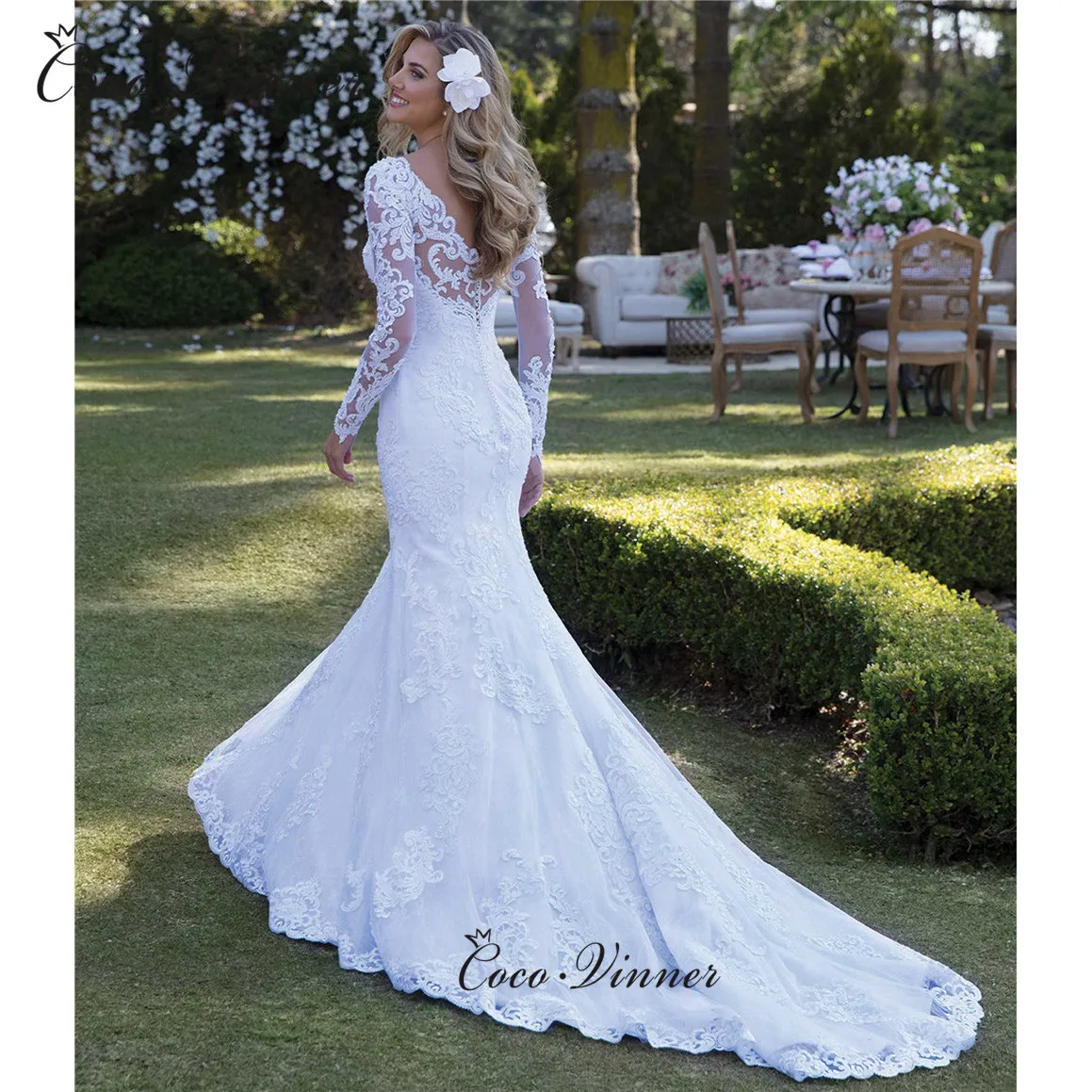 Винтажное иллюзионное свадебное платье русалки с длинными рукавами, Вышитое кружево на сетке, v-образный вырез, пуговица, чисто белое Vestido De Novia W0593